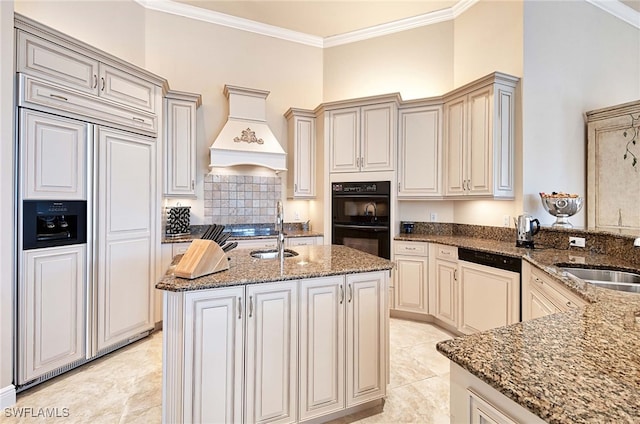 kitchen with custom exhaust hood, dishwashing machine, paneled fridge, double oven, and dark stone countertops