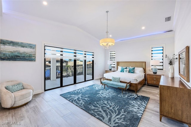 bedroom with access to outside, ornamental molding, and light wood-type flooring