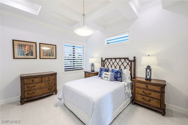 bedroom featuring beamed ceiling, coffered ceiling, light tile patterned floors, and crown molding