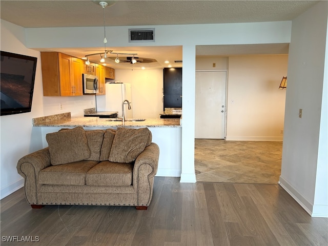 living room with a textured ceiling, dark hardwood / wood-style floors, and sink