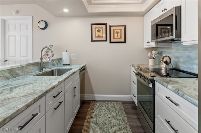 kitchen featuring sink, light stone counters, appliances with stainless steel finishes, crown molding, and white cabinets