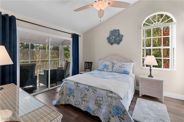 bedroom featuring vaulted ceiling, hardwood / wood-style flooring, ceiling fan, and access to exterior