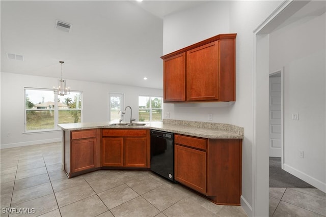 kitchen with dishwasher, sink, a notable chandelier, kitchen peninsula, and pendant lighting