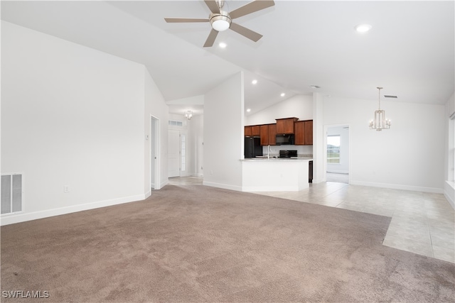 unfurnished living room with ceiling fan with notable chandelier, lofted ceiling, and light carpet