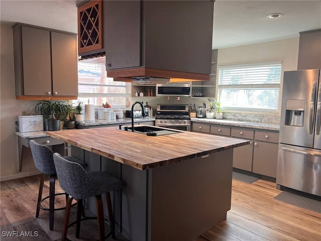 kitchen with stainless steel appliances, butcher block counters, a kitchen island, light wood-type flooring, and plenty of natural light