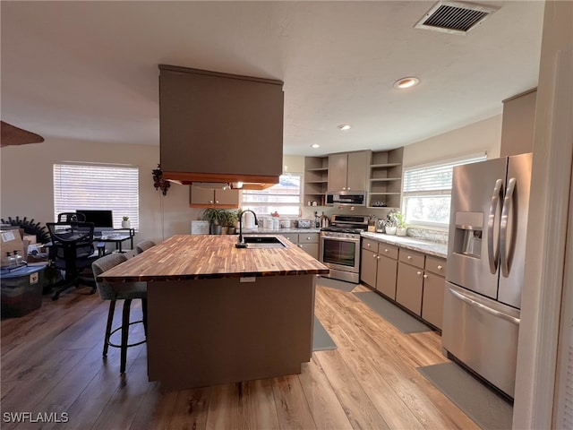 kitchen featuring stainless steel appliances, light wood-type flooring, wood counters, sink, and a kitchen breakfast bar