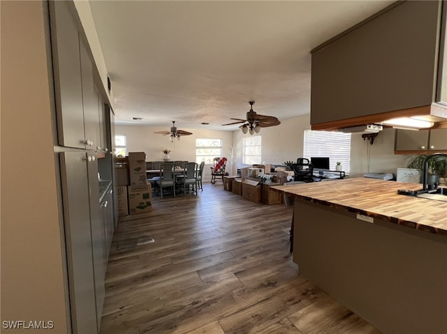 kitchen with dark wood-type flooring, wooden counters, ceiling fan, and sink