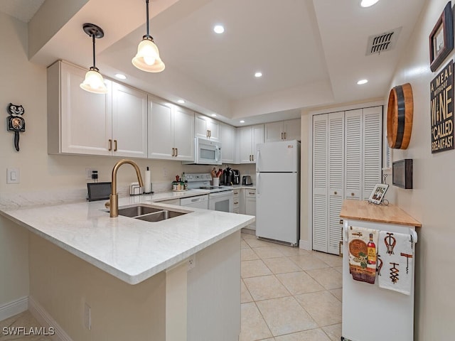 kitchen featuring white cabinetry, sink, hanging light fixtures, kitchen peninsula, and white appliances