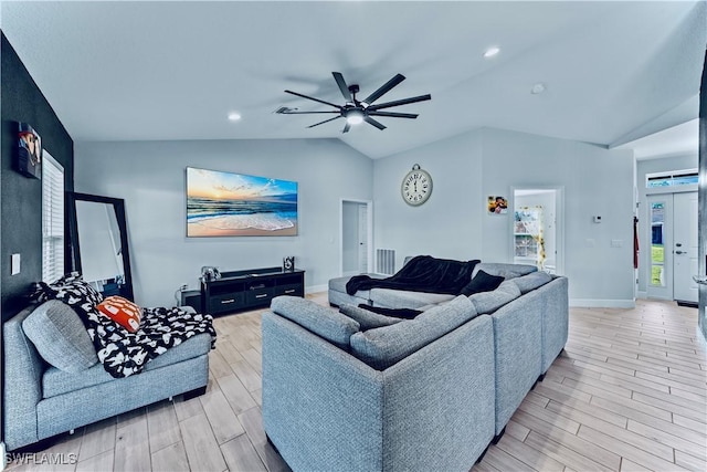 3002 40th St W, Lehigh Acres, FL 33971 - living area featuring vaulted ceiling, ceiling fan, light wood-style flooring, baseboards, and recessed lighting