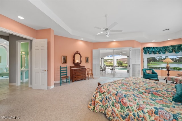 carpeted bedroom featuring access to outside and ceiling fan