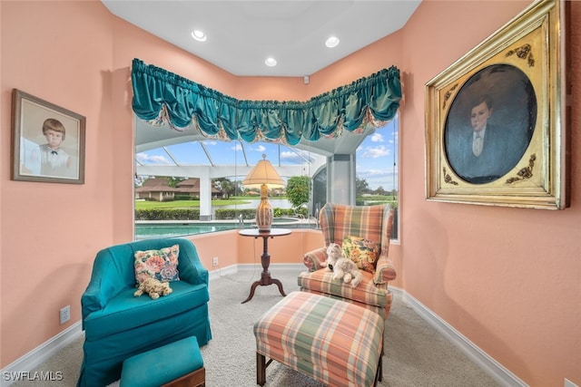 sitting room with a wealth of natural light and carpet floors