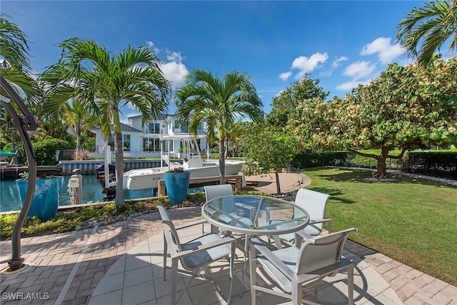 view of patio / terrace featuring a boat dock and a water view