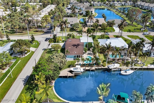 drone / aerial view featuring a water view