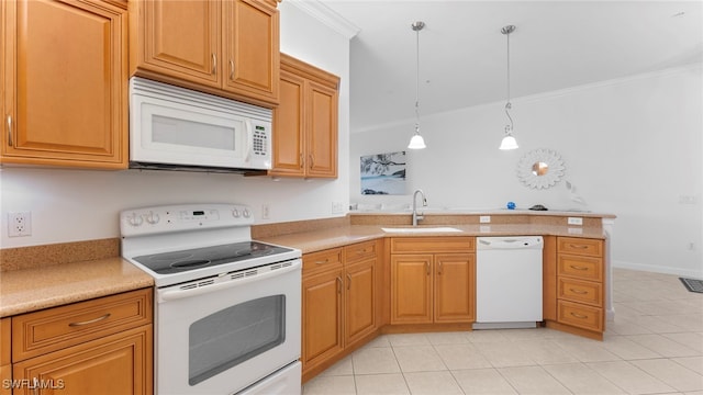 kitchen featuring sink, light tile patterned floors, decorative light fixtures, white appliances, and crown molding