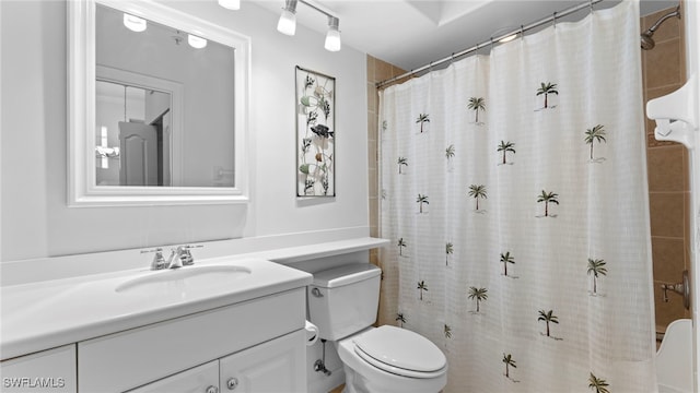 bathroom featuring vanity, toilet, and a shower with shower curtain