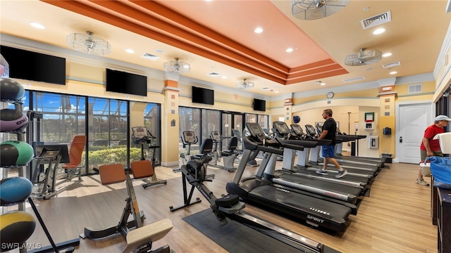 gym featuring a raised ceiling, light hardwood / wood-style floors, and crown molding