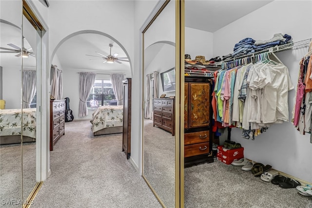 walk in closet with ceiling fan and carpet floors