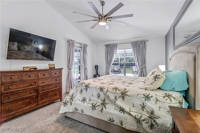 bedroom with lofted ceiling, light colored carpet, and ceiling fan