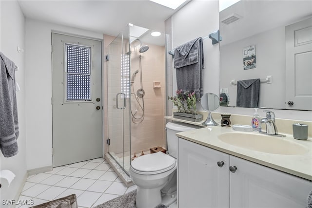 bathroom with tile patterned flooring, vanity, toilet, and a shower with door