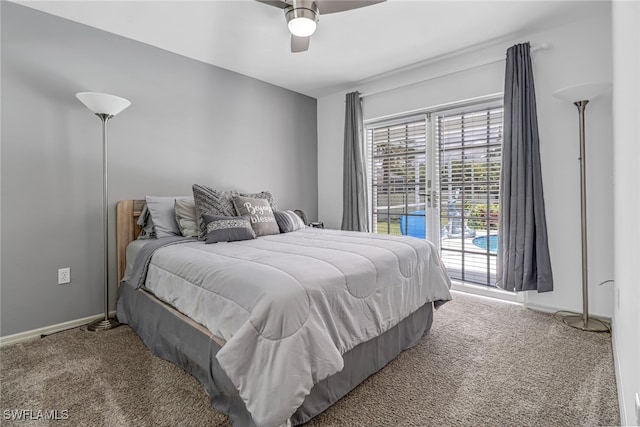 bedroom featuring carpet, ceiling fan, and access to exterior