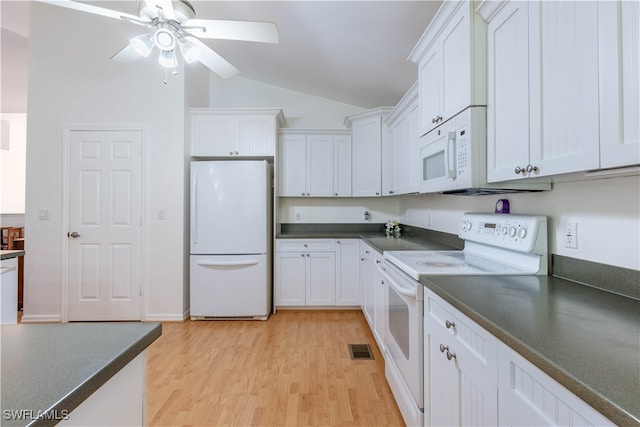 kitchen with white cabinetry, ceiling fan, white appliances, light hardwood / wood-style flooring, and vaulted ceiling