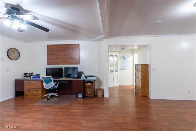 office area featuring ornamental molding, dark wood-type flooring, and ceiling fan