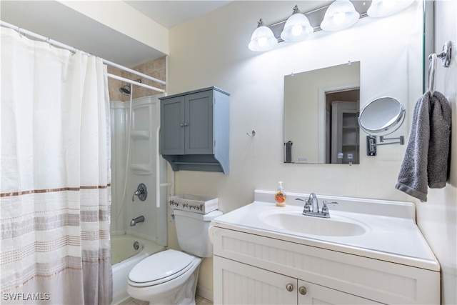 full bathroom with toilet, vanity, and shower / bathtub combination with curtain