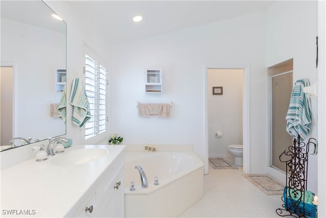 full bathroom with toilet, plus walk in shower, lofted ceiling, and vanity