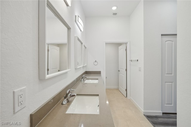 bathroom with hardwood / wood-style floors and vanity