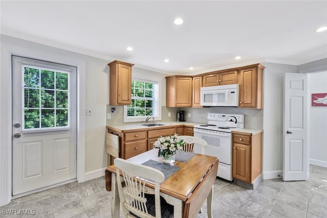 kitchen featuring white appliances, sink, and ornamental molding