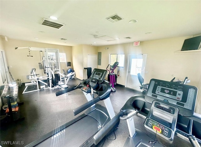 exercise room with visible vents and electric panel