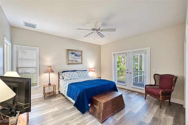 bedroom with access to outside, french doors, ceiling fan, and light hardwood / wood-style flooring