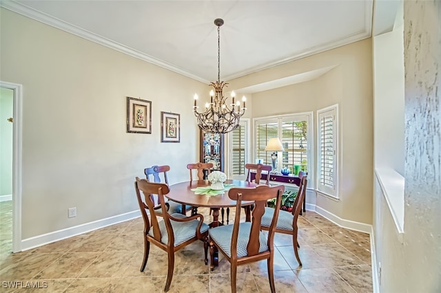 dining space with an inviting chandelier and ornamental molding