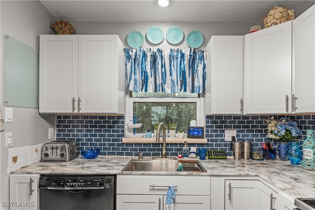 kitchen featuring white cabinetry, sink, a textured ceiling, backsplash, and dishwasher