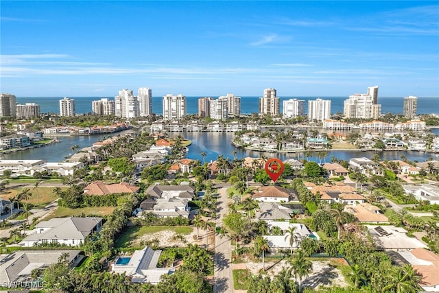 drone / aerial view with a water view