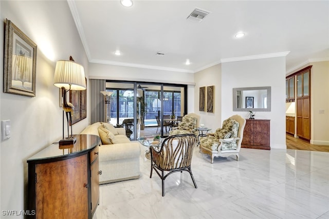 living room featuring ornamental molding