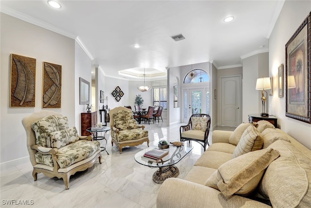 living room with crown molding