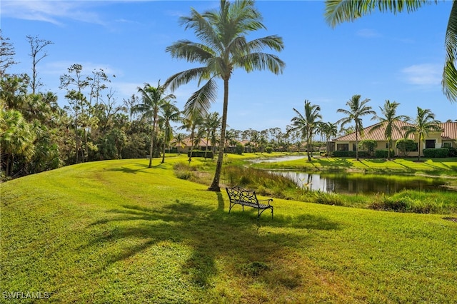 surrounding community with a yard and a water view