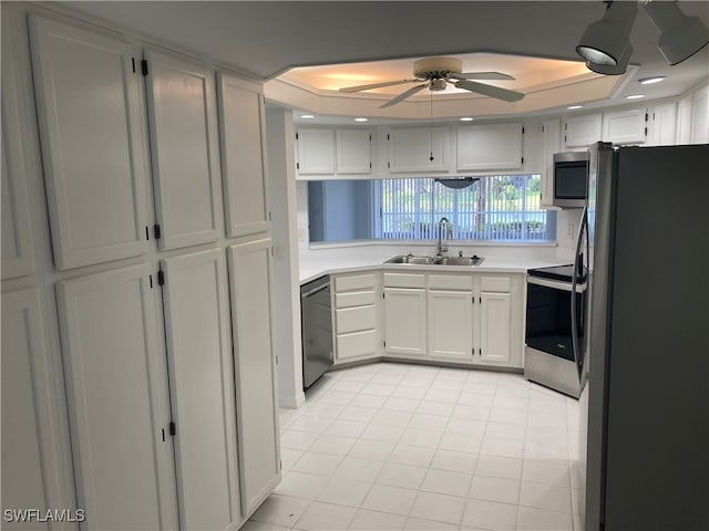 kitchen featuring white cabinets, appliances with stainless steel finishes, a raised ceiling, and sink