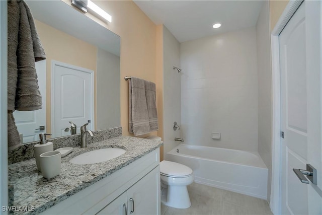 full bathroom with bathtub / shower combination, vanity, toilet, and tile patterned floors