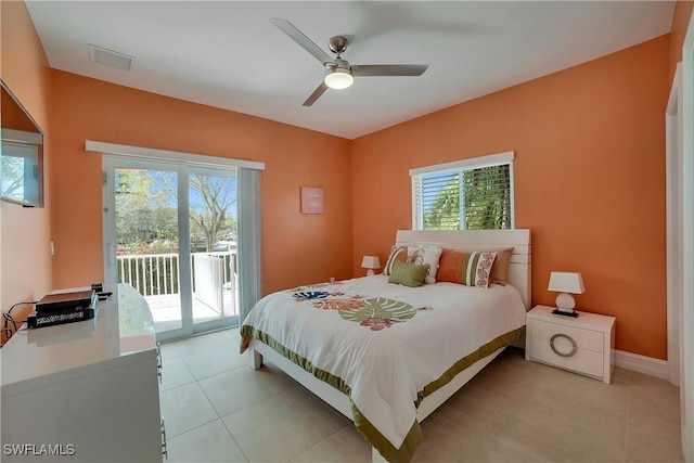 bedroom with light tile patterned floors, visible vents, a ceiling fan, access to outside, and baseboards