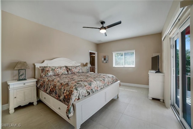 bedroom featuring access to exterior, light tile patterned flooring, baseboards, and a ceiling fan