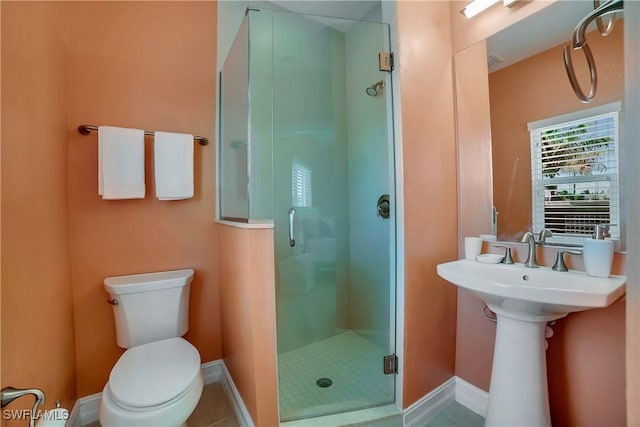 full bath featuring a stall shower, toilet, and baseboards