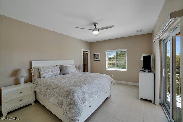 bedroom featuring light tile patterned floors, baseboards, visible vents, a ceiling fan, and access to exterior