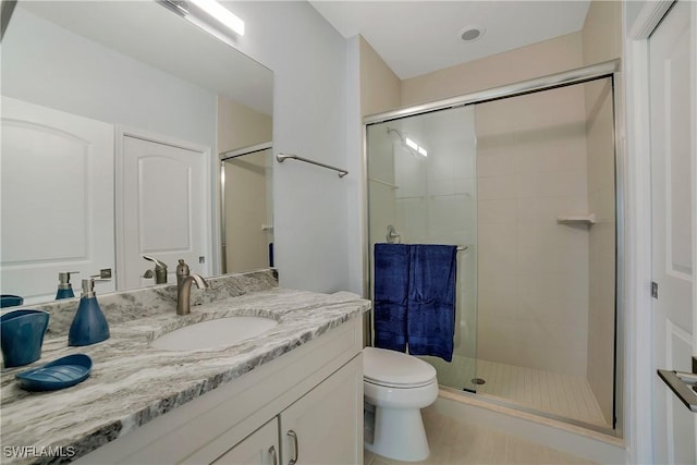 full bath featuring a shower stall, toilet, and vanity