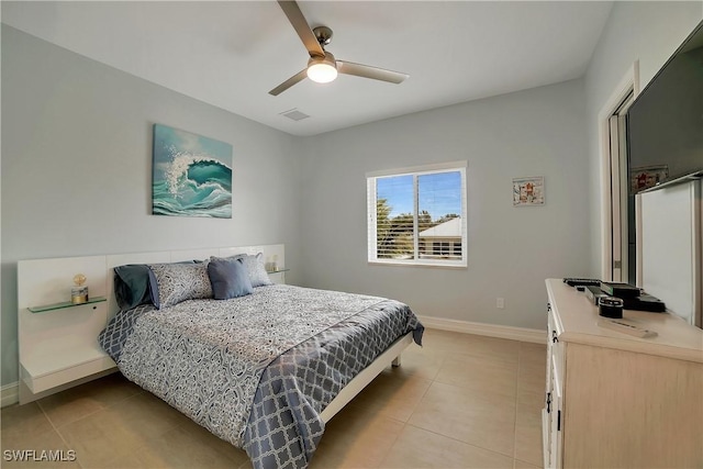 bedroom with visible vents, light tile patterned flooring, a ceiling fan, and baseboards