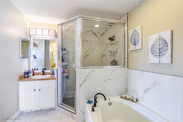 full bathroom featuring marble finish floor, vanity, a marble finish shower, and a bath