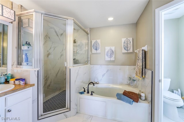 full bath featuring a marble finish shower, vanity, toilet, and marble finish floor