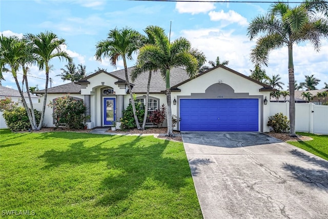 view of front of house featuring a garage, driveway, a front yard, and stucco siding