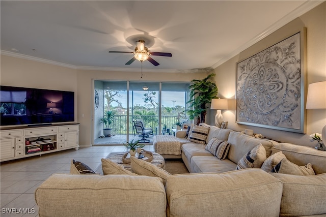 living room featuring light tile patterned flooring, ceiling fan, and crown molding